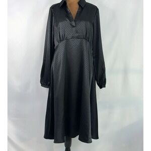 Spense Satin Polka Dot Midi Dress Womens 10 Black Empire Waist Collared